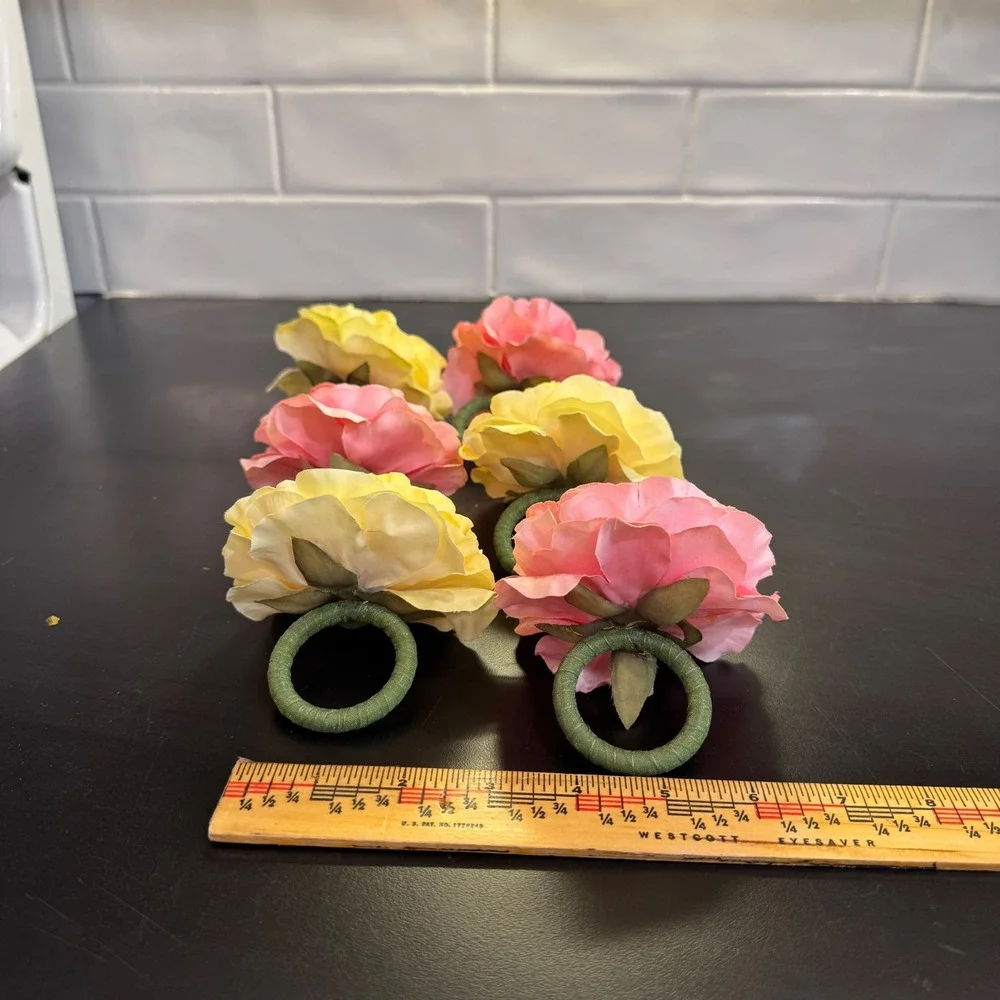 Napkin Rings Set of 6 Pink Yellow Floral Ranunculus Garden Party Decor